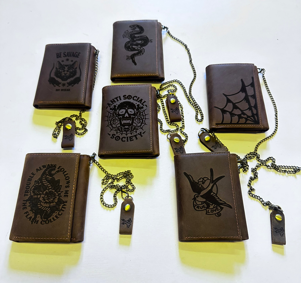 Leather wallet with detachable chain.